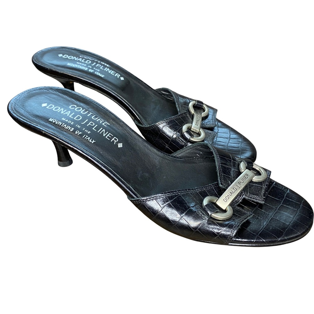 Donald J. Pliner Black Croc Embossed Leather Kitten Heel Mules